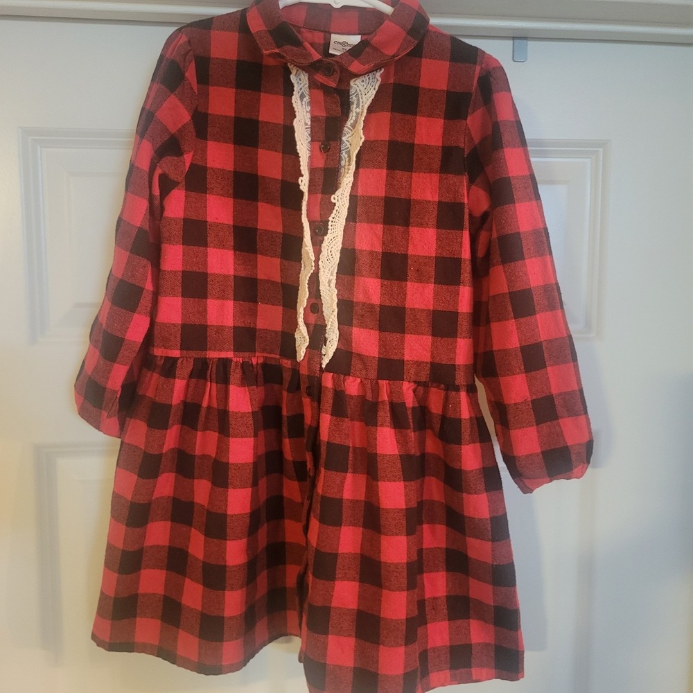 Vintage Cre8ions Girls Red Long Sleeve Dress 5Y Holiday Check Red Black Pattern